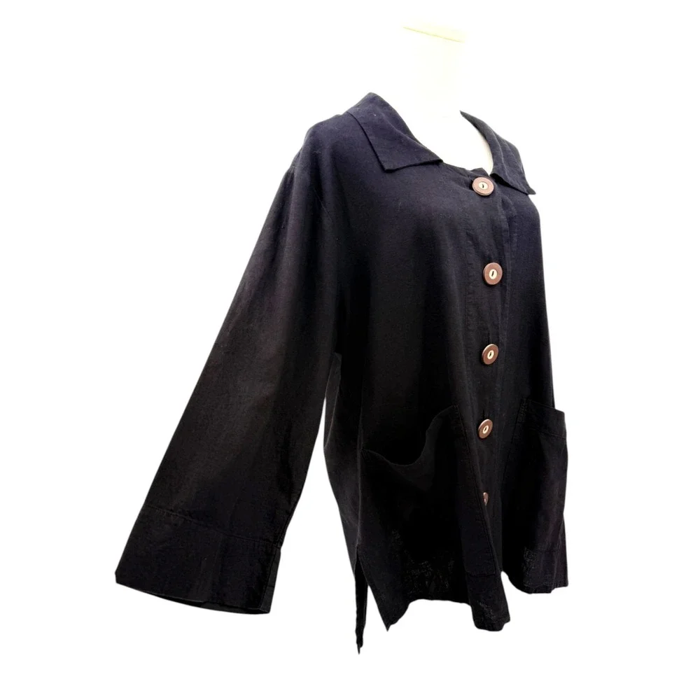 Habitat Womens Jacket Black Hemp Organic Cotton Button‎ Down  Lagenlook  XL